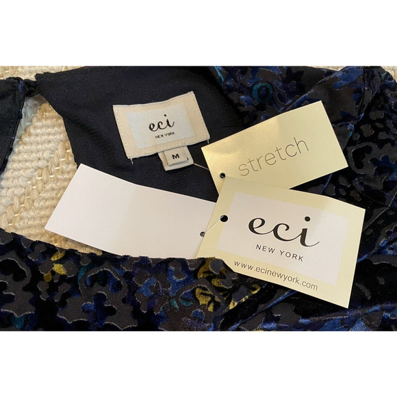 NWT Eci NY Shift Dress Medium Navy & Gold Velvet Flutter Bell Sleeves Boho Dress - Picture 7 of 16